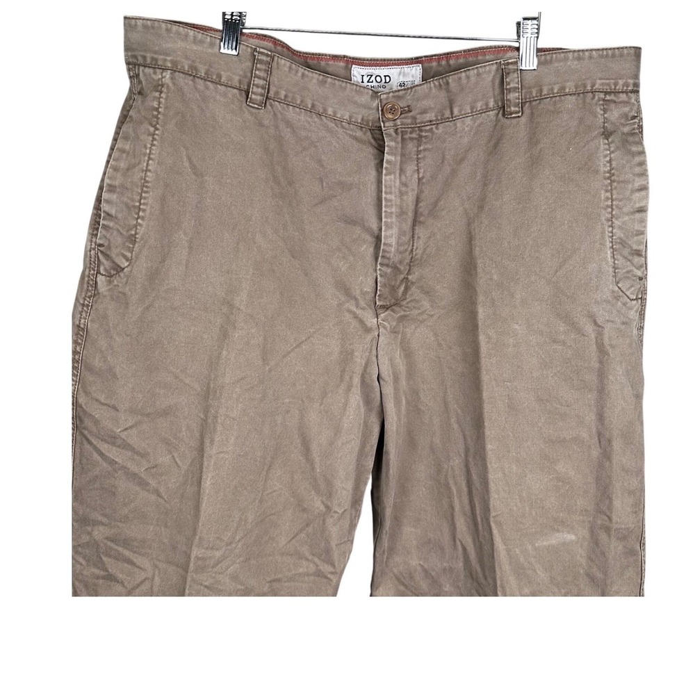 IZOD Chino Pants Mens 42x32 Brown Flat Front Straight Leg Cotton Blend Trousers